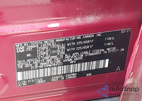 2021 Toyota Rav4 Xle z USA, uszkodzony, nr VIN 2T3P1RFV4MW184573